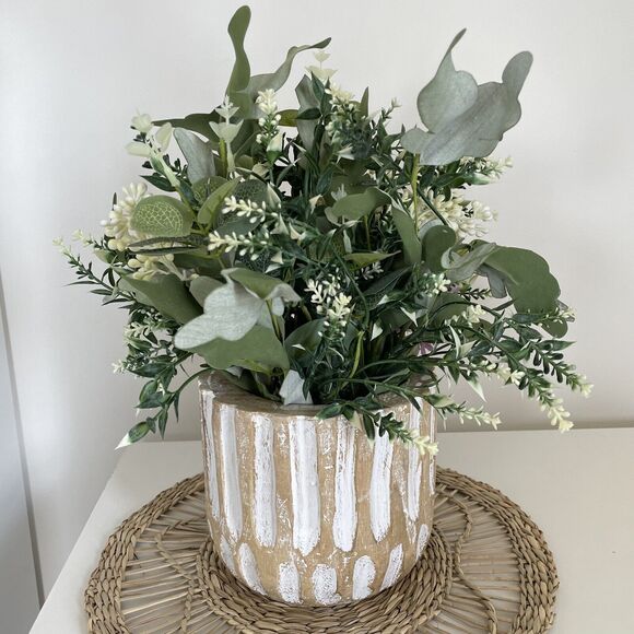 Handmade Faux Floral Lilac Arrangement in Wood Pot Home Decor Artificial Plant - Picture 2 of 6